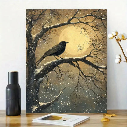 Serene Moonlit Bird & Tree Snowfall Scene with Starry 40x60cm Metal Print Ready to Hang