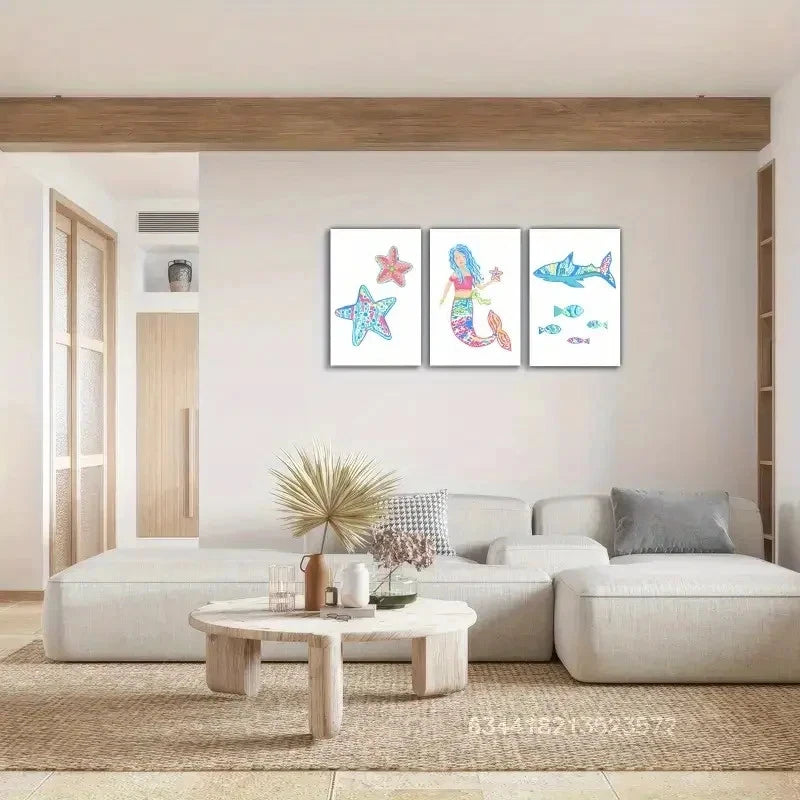 3pcs Starfish Print Shark Ocean Theme Art Metal Print Ready to Hang Art