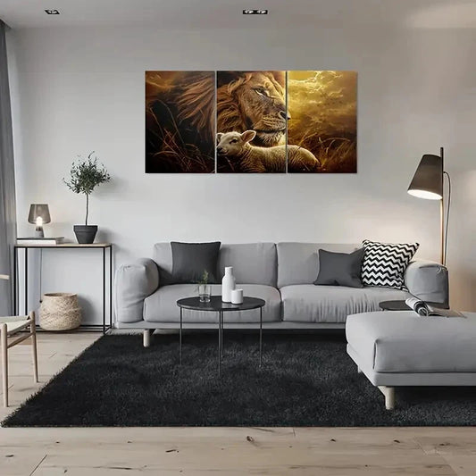 3pcs Lion and Lamb Peaceful Animal Themed Metal Print Ready to Hang Art