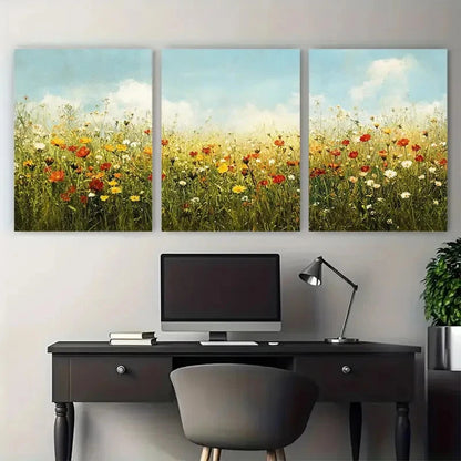 3pcs Summer Bliss Vintage Wildflower Field Wall Art Set Canvas Framed 50x70cm - High Quality Print 100% Australian Made Wall Canvas Ready to Hang