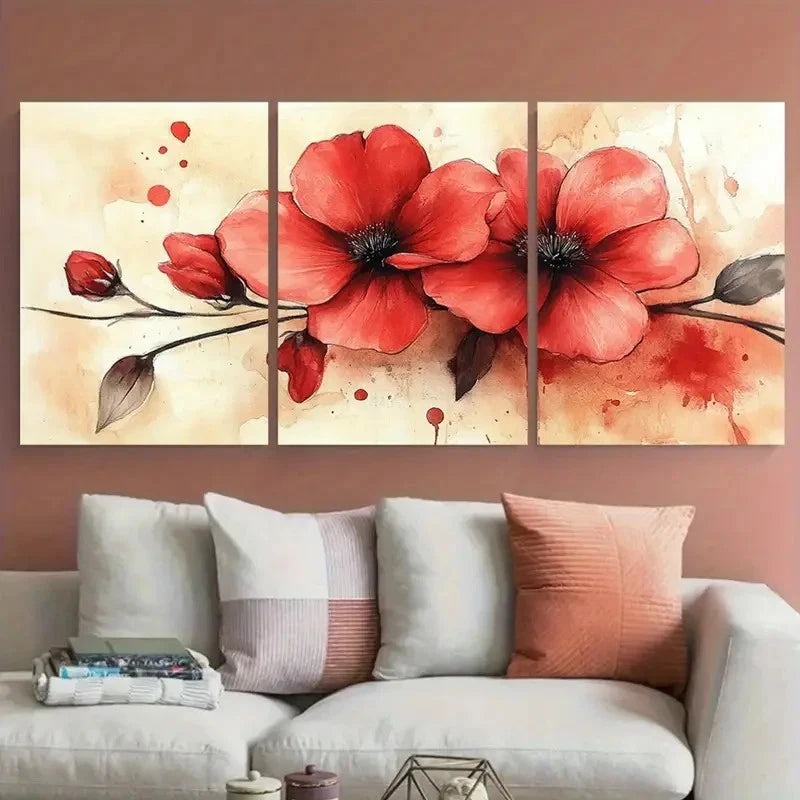 3pcs Elegant Blooming Red Floral Watercolor Wall Art Set Canvas Framed 50x70cm - High Quality Print 100% Australian Made Wall Canvas Ready to Hang
