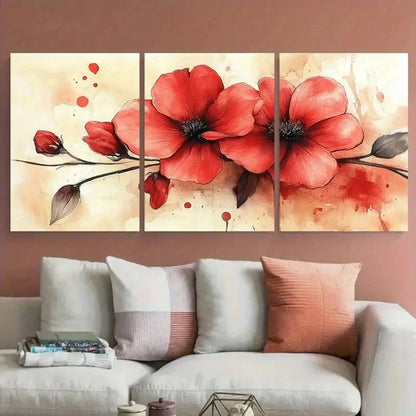 3pcs Elegant Blooming Red Floral Watercolor Wall Art Set Canvas Framed 50x70cm - High Quality Print 100% Australian Made Wall Canvas Ready to Hang