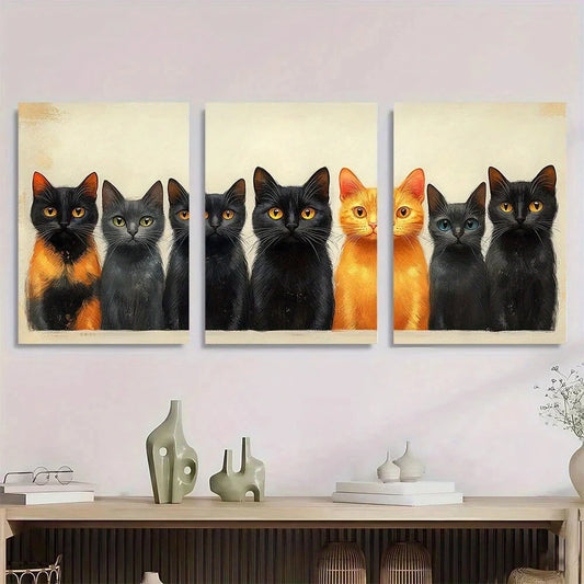 3pcs Modern Abstract Black Orange Cat Lineup Metal Print Ready to Hang Art
