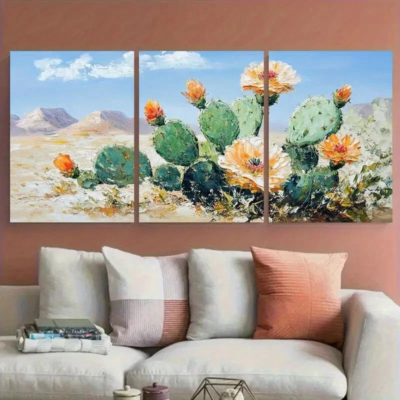 3pcs Serene Cactus Flowers in Desert Metal Print Ready to Hang Art