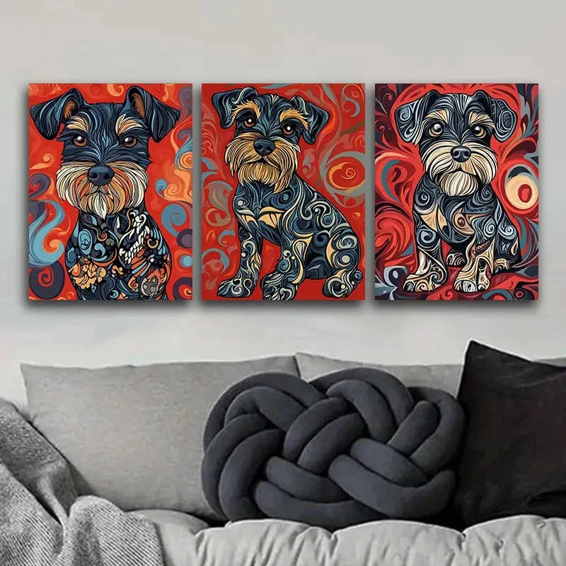 3pcs Schnauzer Dog Art Deco Contemporary Metal Print Ready to Hang Art