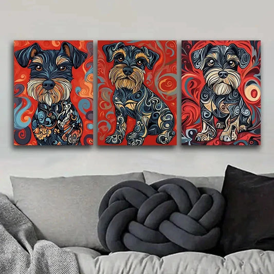 3pcs Schnauzer Dog Art Deco Contemporary Metal Print Ready to Hang Art