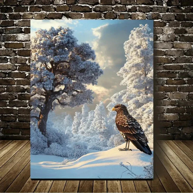 Medieval Bird & Tree on Snowy Landscape Painting 40x60cm Metal Print Ready to Hang