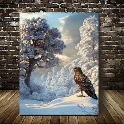 Medieval Bird & Tree on Snowy Landscape Painting 40x60cm Metal Print Ready to Hang