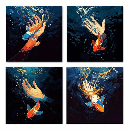4pcs Koi Fish and Hands PalmWall Art Canvas Framed