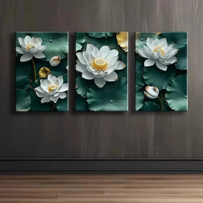 3pcs White Lotus leaves Metal Print Ready to Hang Art