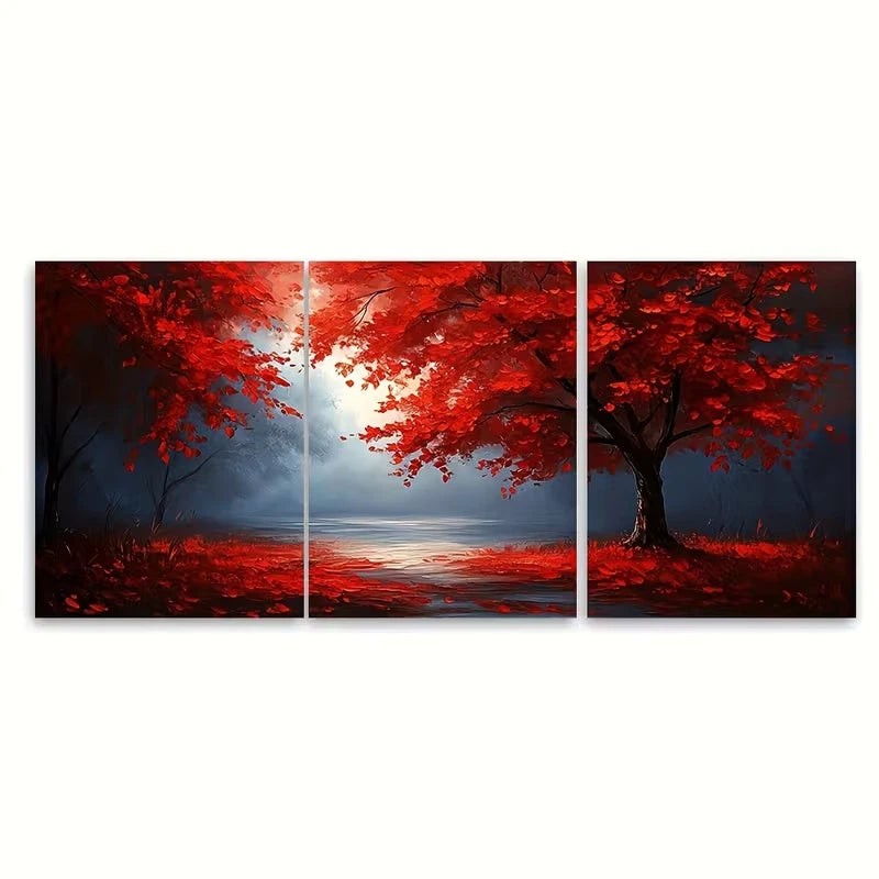 3pcs Blue Morning Mist With Red Leaves Metal Print Ready to Hang Art