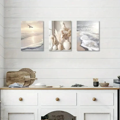 3pcs Modern White Floral Golden Leaves Metal Print Ready to Hang Art