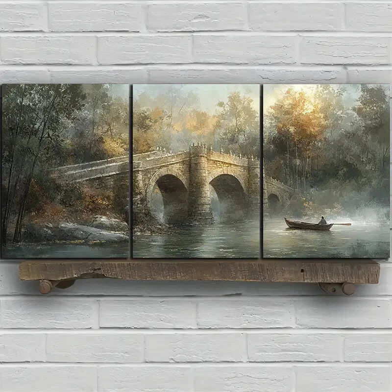 3pcs The Boat Man Under The Stone Arch Bridge Metal Print Ready to Hang Art