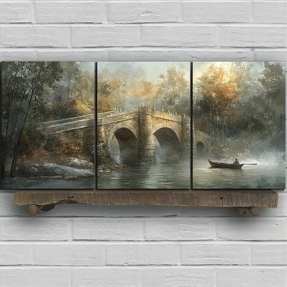 3pcs The Boat Man Under The Stone Arch Bridge Metal Print Ready to Hang Art