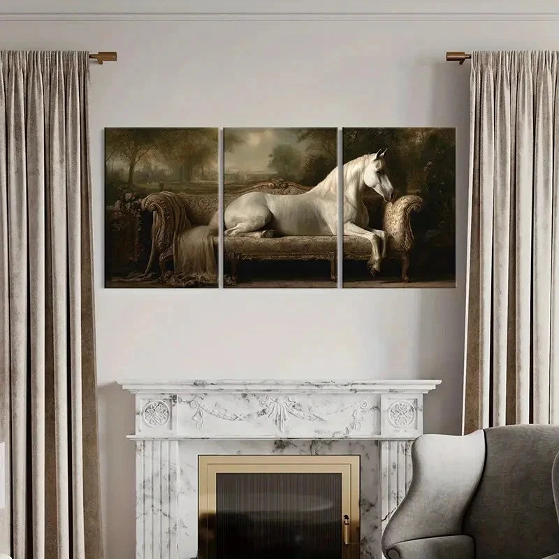 3pcs Elegant Vintage White Horse On Ornate Sofa Metal Print Ready to Hang Art