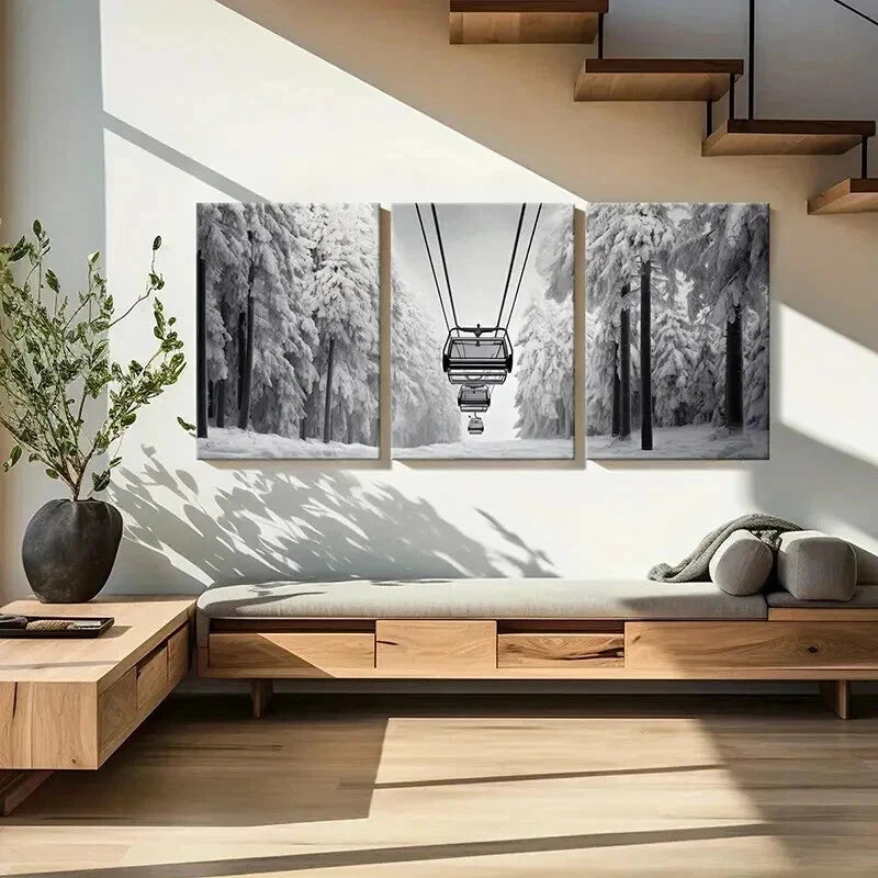 3pcs Ski Lift Black And White Winter Snow Forest Wall Art Set Canvas Framed 40x60cm - High Quality Print 100% Australian Made Wall Canvas Ready to Hang