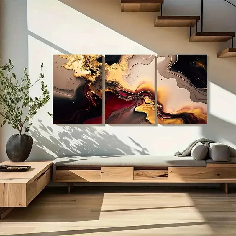 3pcs Red Golden Marble Patterns Luxury Metal Print Ready to Hang Art