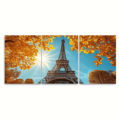 3pcs Autumn Morning with Yellow Leaves Paris Metal Print Ready to Hang Art