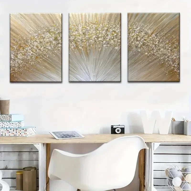 3pcs Golden Abstract Light Paintings Metal Print Ready to Hang Art