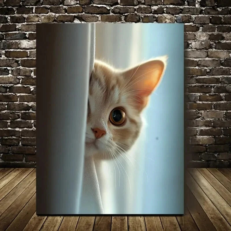 Beautiful Whimsy Woodland Cat Peek Painting 40x60cm Metal Print Ready to Hang