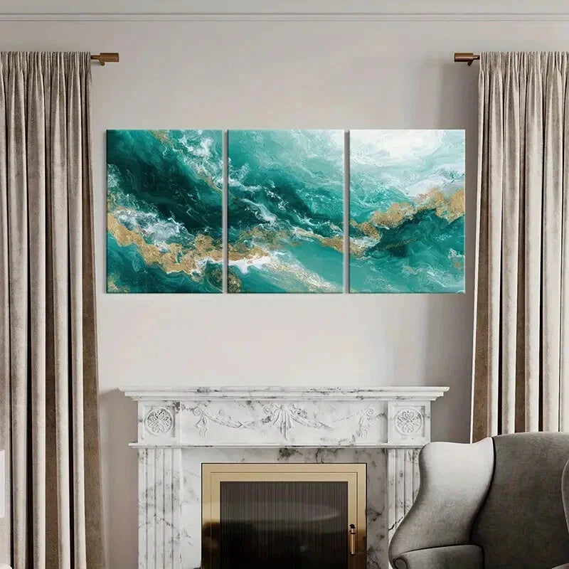 3pcs Abstract Ocean Waves Art Teal Golden Metal Print Ready to Hang Art