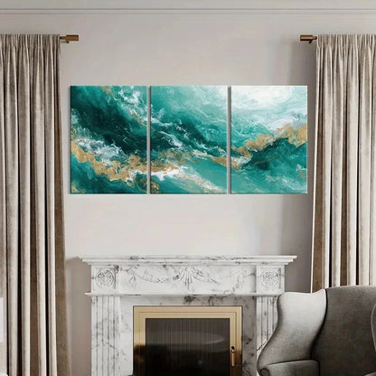 3pcs Abstract Ocean Waves Art Teal Golden Metal Print Ready to Hang Art