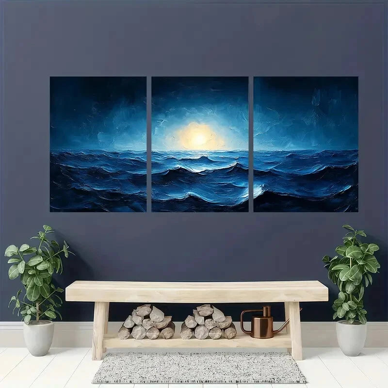 3pcs Timeless Blue Lake Ripple & Ocean Wave Metal Print Ready to Hang Art