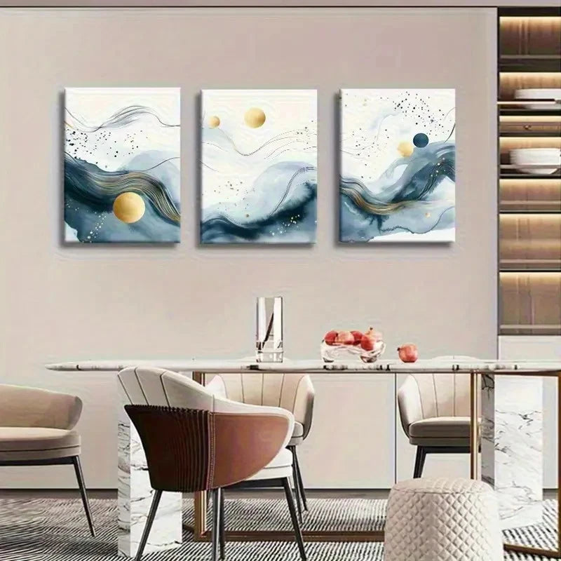 3pcs Abstract Blue and Golden Flowing Wave Metal Print Ready to Hang Art