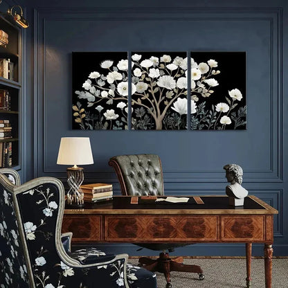 3pcs White Floral Art Abstract Blossom Design Metal Print Ready to Hang Art