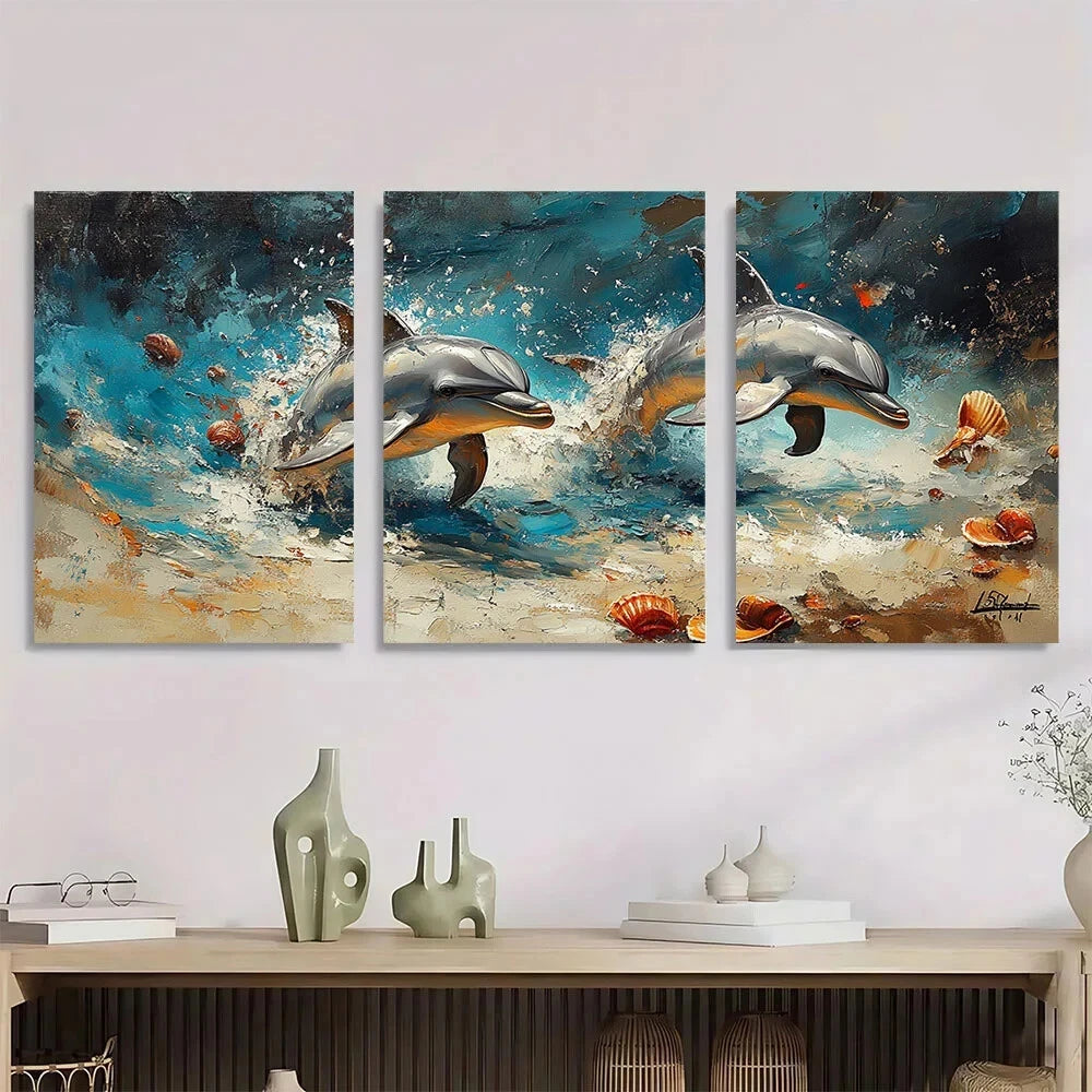 3pcs Dolphin Beach Shell & Blue Ocean Animal Metal Print Ready to Hang Art