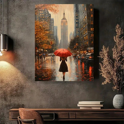 Beautiful Vintage Rainy Cityscape with Red Painting 40x60cm Metal Print Ready to Hang