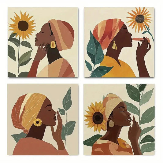 4pcs Black Woman Sunflower VintageWall Art Canvas Framed