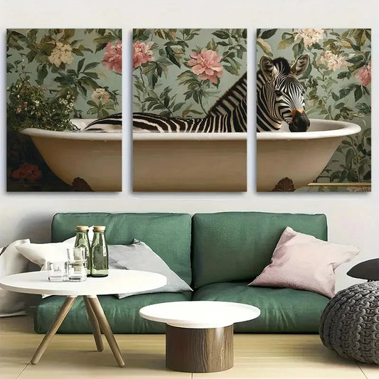3pcs Zebra in Bathtub Metal Print Ready to Hang Art