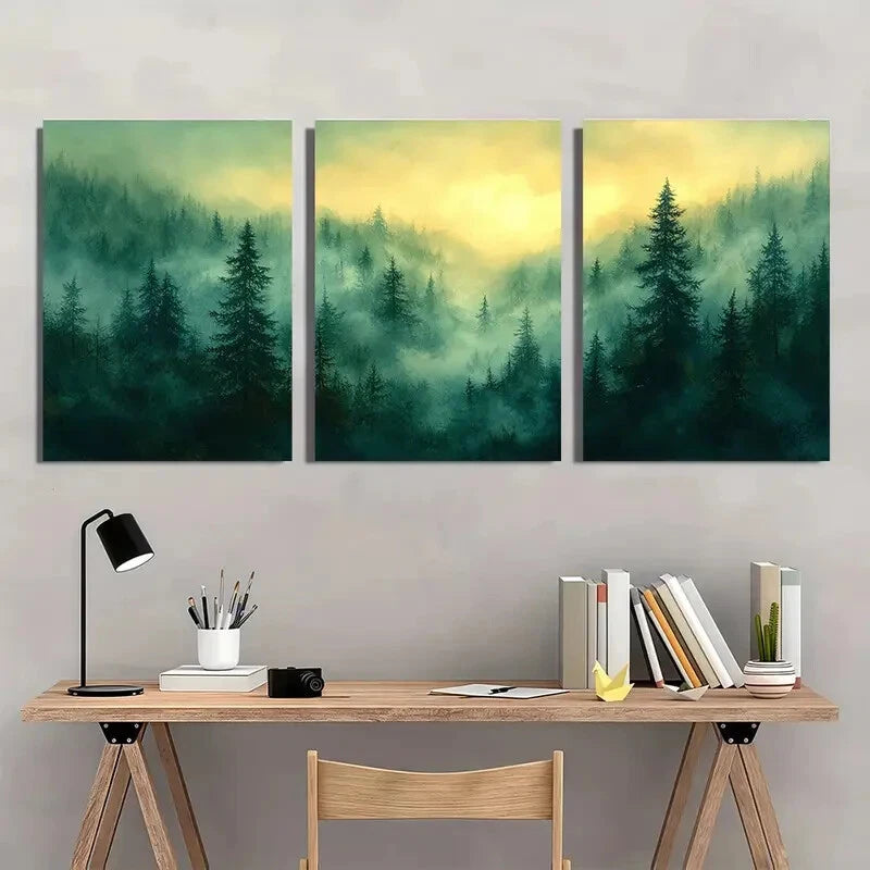 3pcs Vermont Landscape Foggy Forest Scene Metal Print Ready to Hang Art