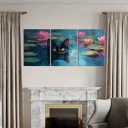 3pcs Black Cat Glowing Eyes Water Lilies Metal Print Ready to Hang Art