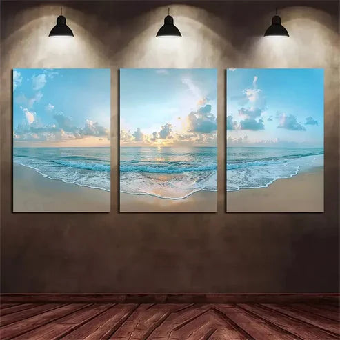 3pcs Beautiful Beach with Golden Sand & Sunset Sky Canvas Framed 60x90cm - High Quality Print 100% Australian Made Wall Canvas Ready to Hang