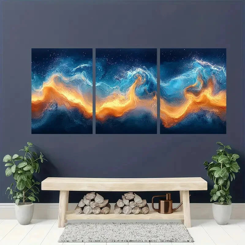 3pcs Abstract Ocean Waves Blue Fluid Art Metal Print Ready to Hang Art