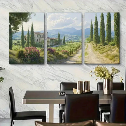 3pcs Farmhouses Spring Scenery with Cypress Roads Metal Print Ready to Hang Art