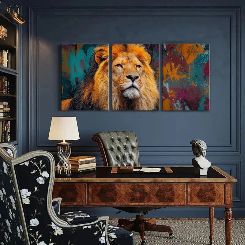 3pcs Lion Artwork Vibrant Colors Abstract Metal Print Ready to Hang Art