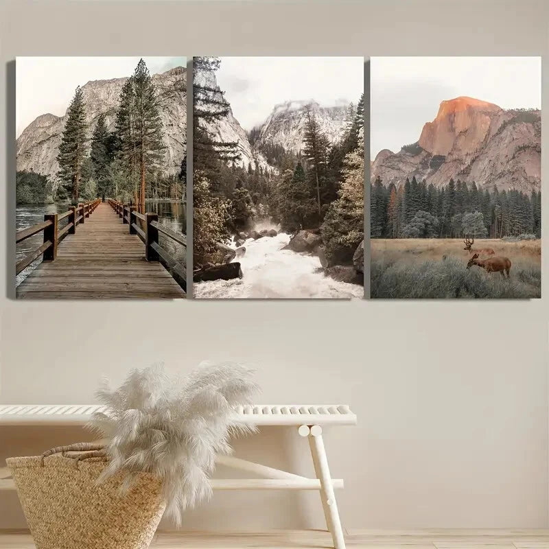 3pcs Mountains River and Stream Scenes Metal Print Ready to Hang Art