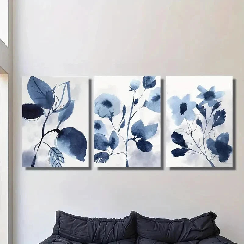 3pcs blue leaves botanical art, navy blue Metal Print Ready to Hang Art