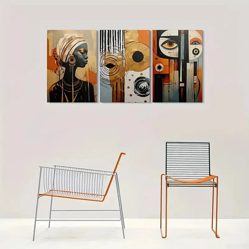 3pcs Woman Portrait & Geometric Patterns Metal Print Ready to Hang Art