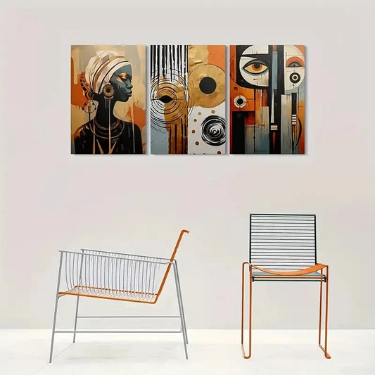 3pcs Woman Portrait & Geometric Patterns Metal Print Ready to Hang Art