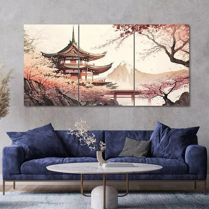 3pcs Chinese Temple Scenery Painting Style Canvas Framed 60x90cm  - High Quality Print 100% Australian Made Wall Canvas Ready to Hang