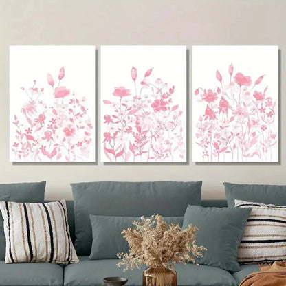 3pcs Pink wildflowers watercolor painting Metal Print Ready to Hang Art