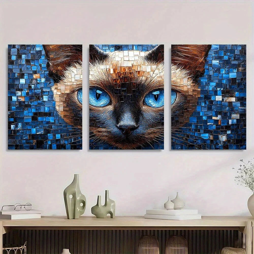 3pcs Siamese Cat & Blue Flower Vibrant Blue Eyes Metal Print Ready to Hang Art
