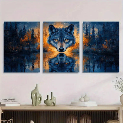 3pcs Stunning Wolf Howling at Moonlit Forest Scene Metal Print Ready to Hang Art