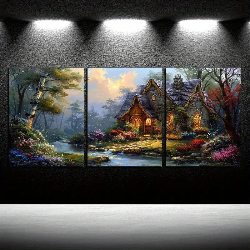 3pcs Vibrant Houses By The Creek with Florals Metal Print Ready to Hang Art