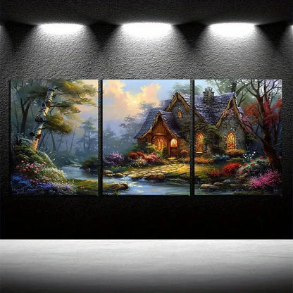 3pcs Vibrant Houses By The Creek with Florals Metal Print Ready to Hang Art