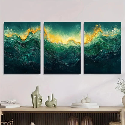 3pcs Abstract Green Wave Modern Nature Metal Print Ready to Hang Art